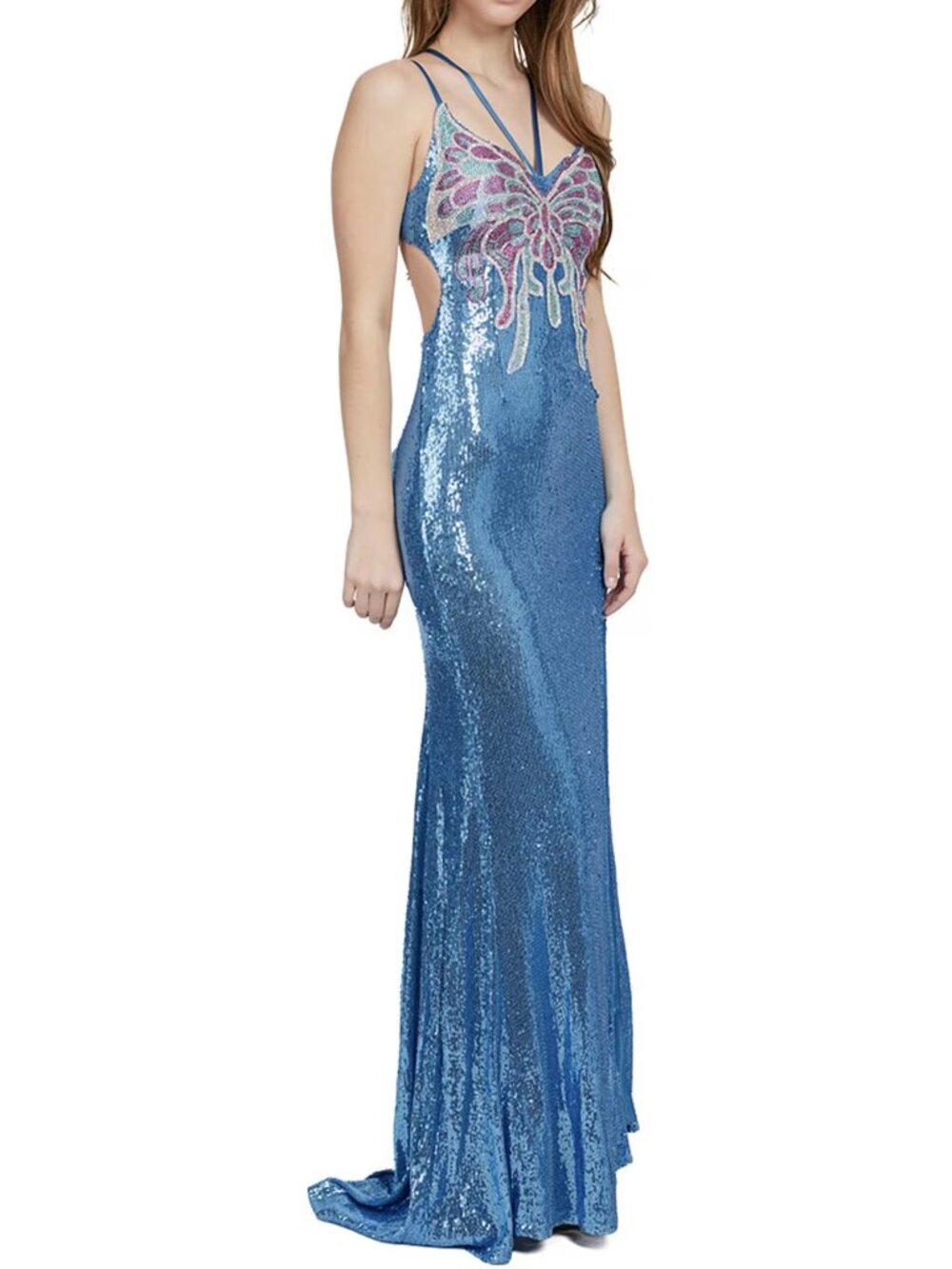 NWT Blue butterfly sequin small train halter dress wedding hostess dance dress